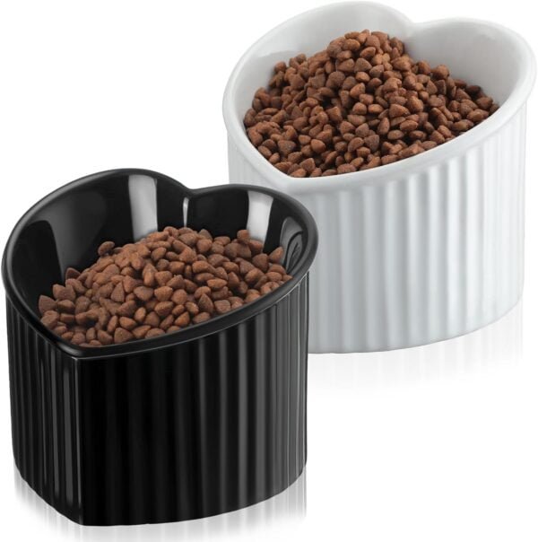 7188jZBFHWL._AC_SL1500 2 Pcs Ceramic Elevated Cat Bowls Tilted Elevated Raised Cat Bowls Anti Vomit Cat Bowls for Indoor Cats Stress Free Water Dish Feeder for Cats Puppies, Heart Shaped(Pearly White)