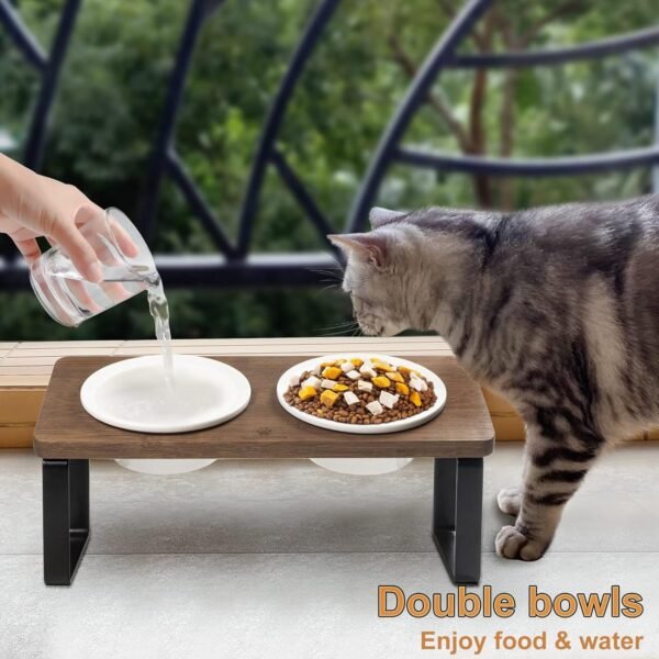 Ceramic Elevated Cat Bowls, Raised Puppy Dishes for Food and Water, Tilted Bamboo Stand for Anti Vomiting, Indoor 5.5 inch Wide Double Dish Orthopedic Anti-Vomiting (Brown)