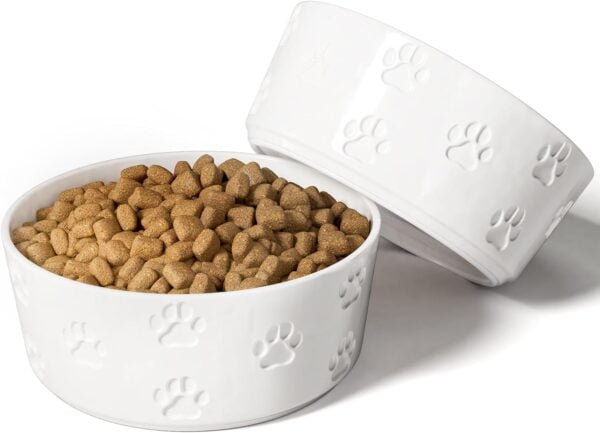 Ceramic Dog Bowl Set with Anti-Slip Rings – 5″ Round x 2″ Tall Set of 2 Ceramic Dog Bowls for Small Dogs – Small Dog Bowls – Dog Food and Water Bowl – White Dog Food Bowls – Dog Bowls Small Size Dog