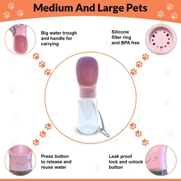 Pet Water Bottle, 19 Oz Leak Proof, Reusable Water Flow Back, Drinking Cup for Travel, Hiking, Walking, Jogging, Service Dog Vest, BPA Grade Plastic, Dogs, Cats, Rabbits (19oz Pink)