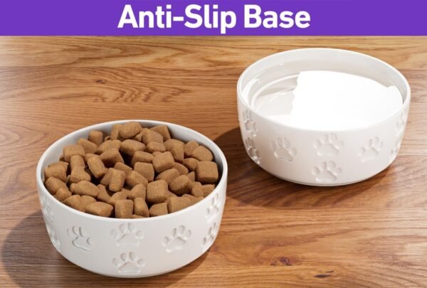 Ceramic Dog Bowl Set with Anti-Slip Rings – 5″ Round x 2″ Tall Set of 2 Ceramic Dog Bowls for Small Dogs – Small Dog Bowls – Dog Food and Water Bowl – White Dog Food Bowls – Dog Bowls Small Size Dog