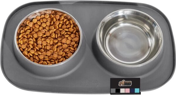 100% Waterproof BPA Free Cat and Dog Bowls Silicone Feeding Mat Set, Stainless Steel Bowl Slip Resistant Raised Edges, Catch Water, Food Mess, No Spills, Pet Accessories, 1 Cup, Black