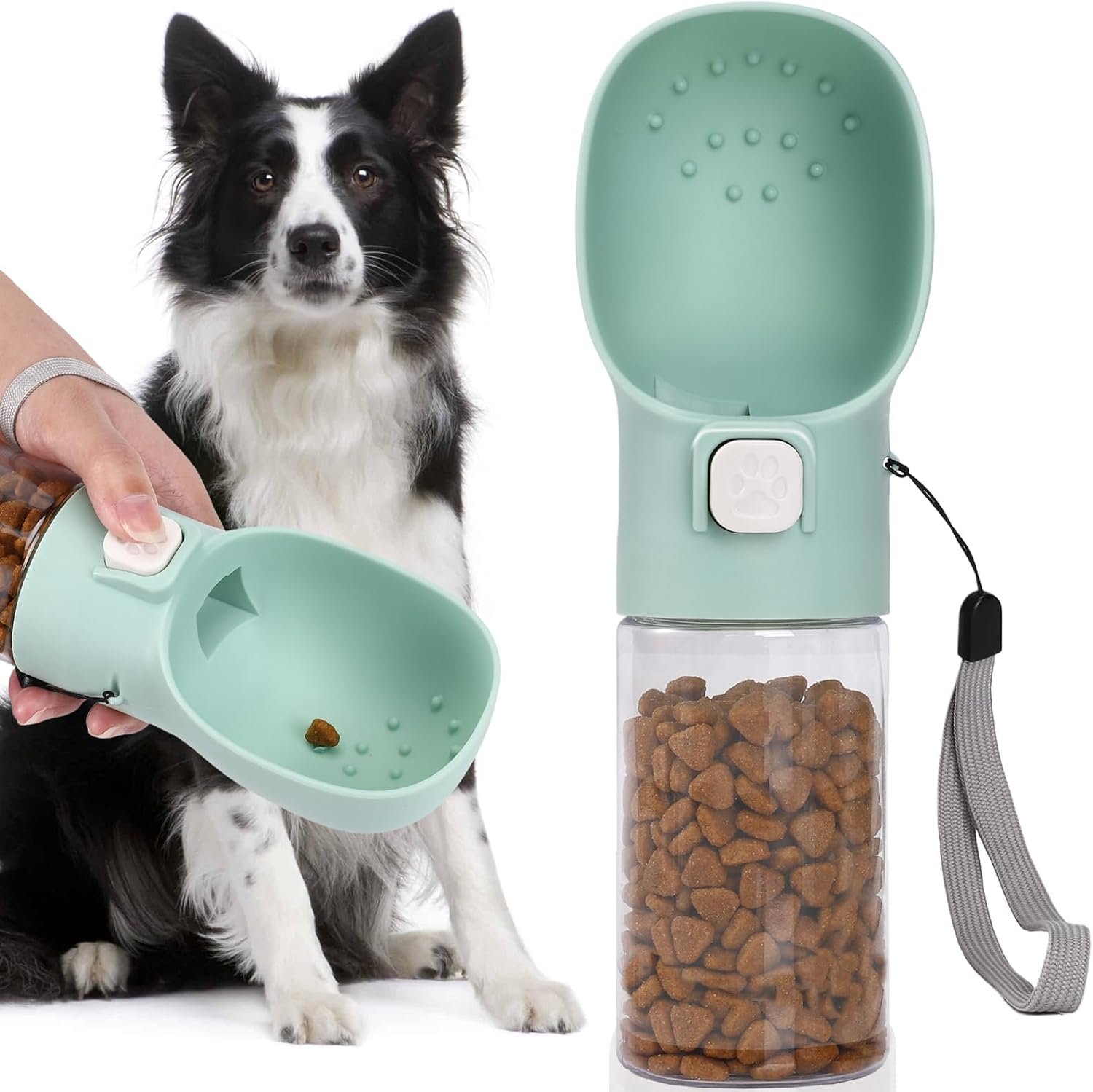 Handheld Dog Food & Treat Dispenser Built-in Clicker & Treat Pouch, Handy Feeder for Puppy Training Walking Hiking Traveling (10 OZ, Green)