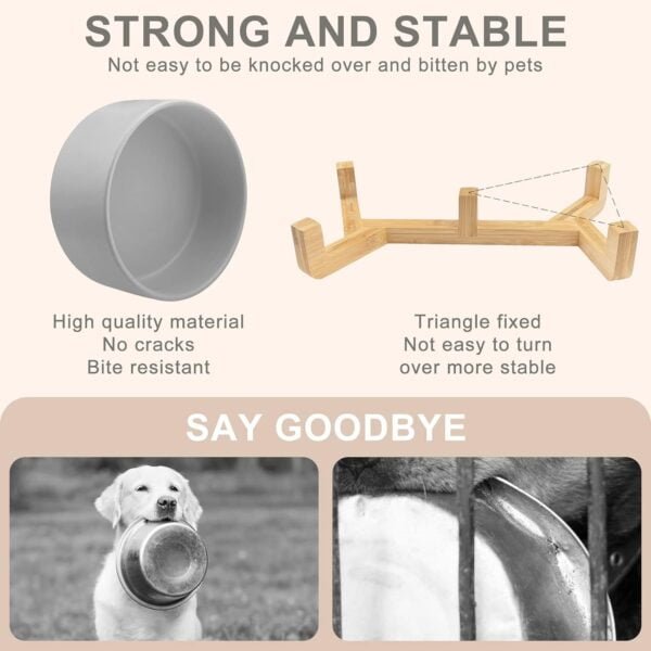 Ceramic Pet Bowls for Dog and Cat, Raised Dog Food and Water Bowl Set with Anti-Slip Wooden Stand, Grey Pets Dish Feeding Bowls Suitable for Small, Medium and Big Cats Dogs, 28 OZ