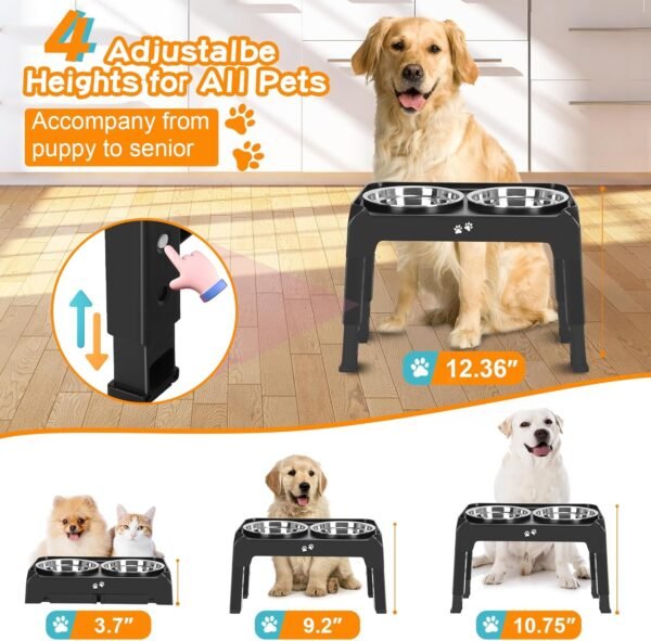 71KPvppHnIL._AC_SL1500 Elevated Dog Bowls, 4 Height Adjustable Raised Dog Bowl Stand with 2 Thick 50oz Stainless Steel Dog Food Bowls Non-Slip Dog Feeder for Large Medium Dogs Adjusts to 3.7″, 9.2″, 10.75″, 12.36″ Black