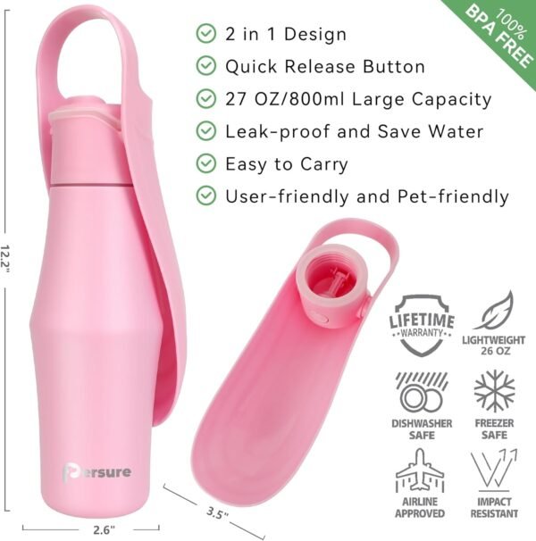 Dog Water Bottle, Portable Dog Water Bottle Dispenser – 27 OZ Stainless Steel Leak-Proof Water Bottle for Dogs On The Go, Perfect for Travel, Walking, Hiking and Outdoor Activities, Pink