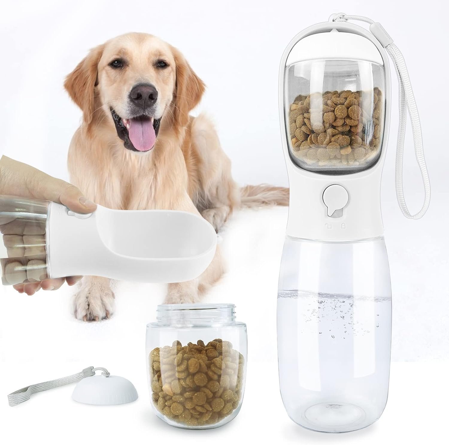 Dog Water Bottle with Food Container, Leak Proof Portable Dog Water Bowl, Drinking Feeder & Dish Bowl,   Dog Travel Accessories for Yorkie Chihuahua Walking, Hiking (19oz White)