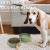 Ceramic Pet Bowls for Dog and Cat, No Spill Dog Food and Water Bowl Set with Anti-Slip Wooden Stand, Riased Puppy Feeding Dishes Suitable for Small, Medium and Large Cats Dogs, Green 28 OZ