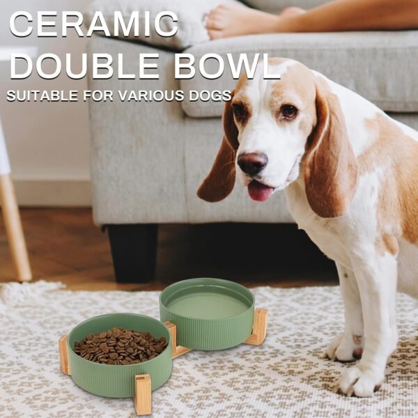 Ceramic Pet Bowls for Dog and Cat, No Spill Dog Food and Water Bowl Set with Anti-Slip Wooden Stand, Riased Puppy Feeding Dishes Suitable for Small, Medium and Large Cats Dogs, Green 28 OZ