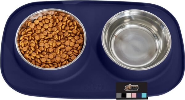 100% Waterproof BPA Free Cat and Dog Bowls Silicone Feeding Mat Set, Stainless Steel Bowl Slip Resistant Raised Edges, Catch Water, Food Mess, No Spills, Pet Accessories, 1 Cup, Black