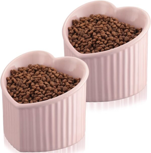 71Usycxq4NL._AC_SL1500 2 Pcs Ceramic Elevated Cat Bowls Tilted Elevated Raised Cat Bowls Anti Vomit Cat Bowls for Indoor Cats Stress Free Water Dish Feeder for Cats Puppies, Heart Shaped(Pearly White)