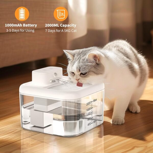 Battery Operated Cat Water Fountain,68Oz/2L Cat Fountains for Drinking with Motion Sensor,Wireless Water Fountains for Cats Indoor/Outdoor,Quiet Pump, BPA-Free