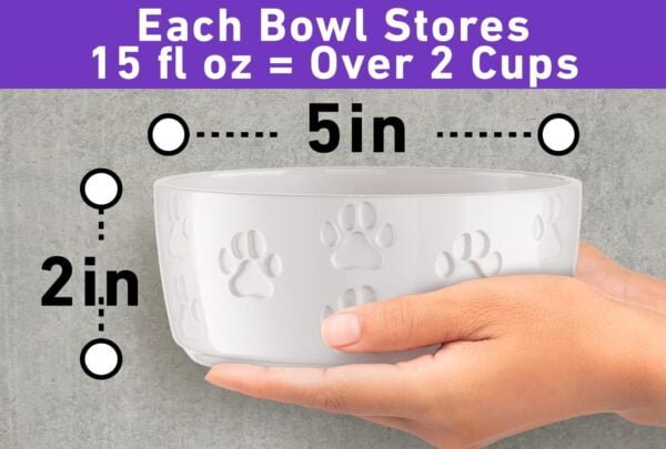 Ceramic Dog Bowl Set with Anti-Slip Rings – 5″ Round x 2″ Tall Set of 2 Ceramic Dog Bowls for Small Dogs – Small Dog Bowls – Dog Food and Water Bowl – White Dog Food Bowls – Dog Bowls Small Size Dog