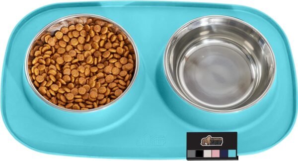 100% Waterproof BPA Free Cat and Dog Bowls Silicone Feeding Mat Set, Stainless Steel Bowl Slip Resistant Raised Edges, Catch Water, Food Mess, No Spills, Pet Accessories, 1 Cup, Black