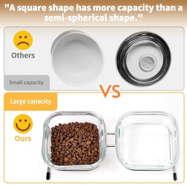 Elevated Cat Bowls, 15° Tilted Glass Raised Cat Food Bowl with Stainless Steel Stand, 2 Large Capacity Glass Cat Bowls and 4 Anti Slip Feet, Suitable for Cats and Little Dogs