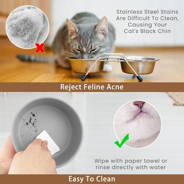 Ceramic Pet Bowls for Dog and Cat, Raised Dog Food and Water Bowl Set with Anti-Slip Wooden Stand, Grey Pets Dish Feeding Bowls Suitable for Small, Medium and Big Cats Dogs, 28 OZ