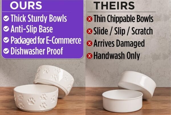 Ceramic Dog Bowl Set with Anti-Slip Rings – 5″ Round x 2″ Tall Set of 2 Ceramic Dog Bowls for Small Dogs – Small Dog Bowls – Dog Food and Water Bowl – White Dog Food Bowls – Dog Bowls Small Size Dog