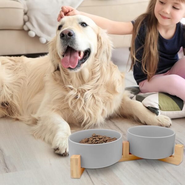 Ceramic Pet Bowls for Dog and Cat, Raised Dog Food and Water Bowl Set with Anti-Slip Wooden Stand, Grey Pets Dish Feeding Bowls Suitable for Small, Medium and Big Cats Dogs, 28 OZ