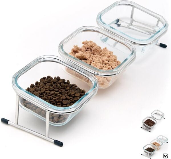 Elevated Cat Bowls, 15° Tilted Glass Raised Cat Food Bowl with Stainless Steel Stand, 2 Large Capacity Glass Cat Bowls and 4 Anti Slip Feet, Suitable for Cats and Little Dogs