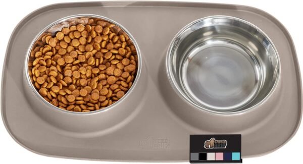 100% Waterproof BPA Free Cat and Dog Bowls Silicone Feeding Mat Set, Stainless Steel Bowl Slip Resistant Raised Edges, Catch Water, Food Mess, No Spills, Pet Accessories, 1 Cup, Black