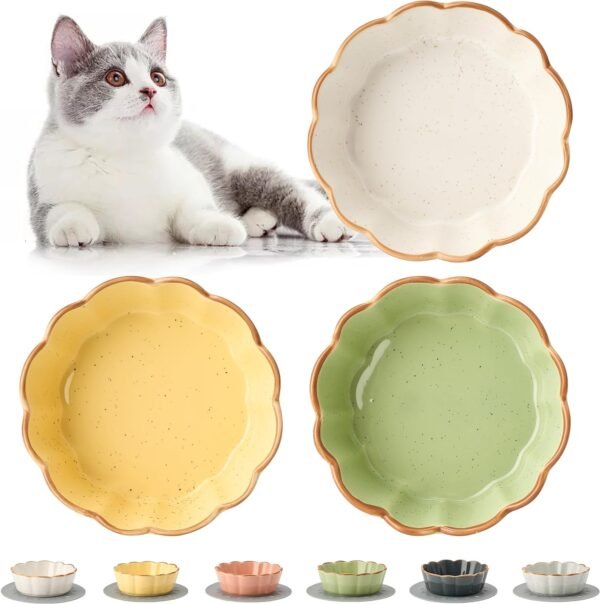 Cat Bowls – 3 Pieces Cat Food Bowl Cat Dishes with Silicone Non-Slip Mats, 5 Inches Cat Bowls for Indoor Cats, Ceramic Cat Food and Water Bowl Set Gift for Pet Lovers – White