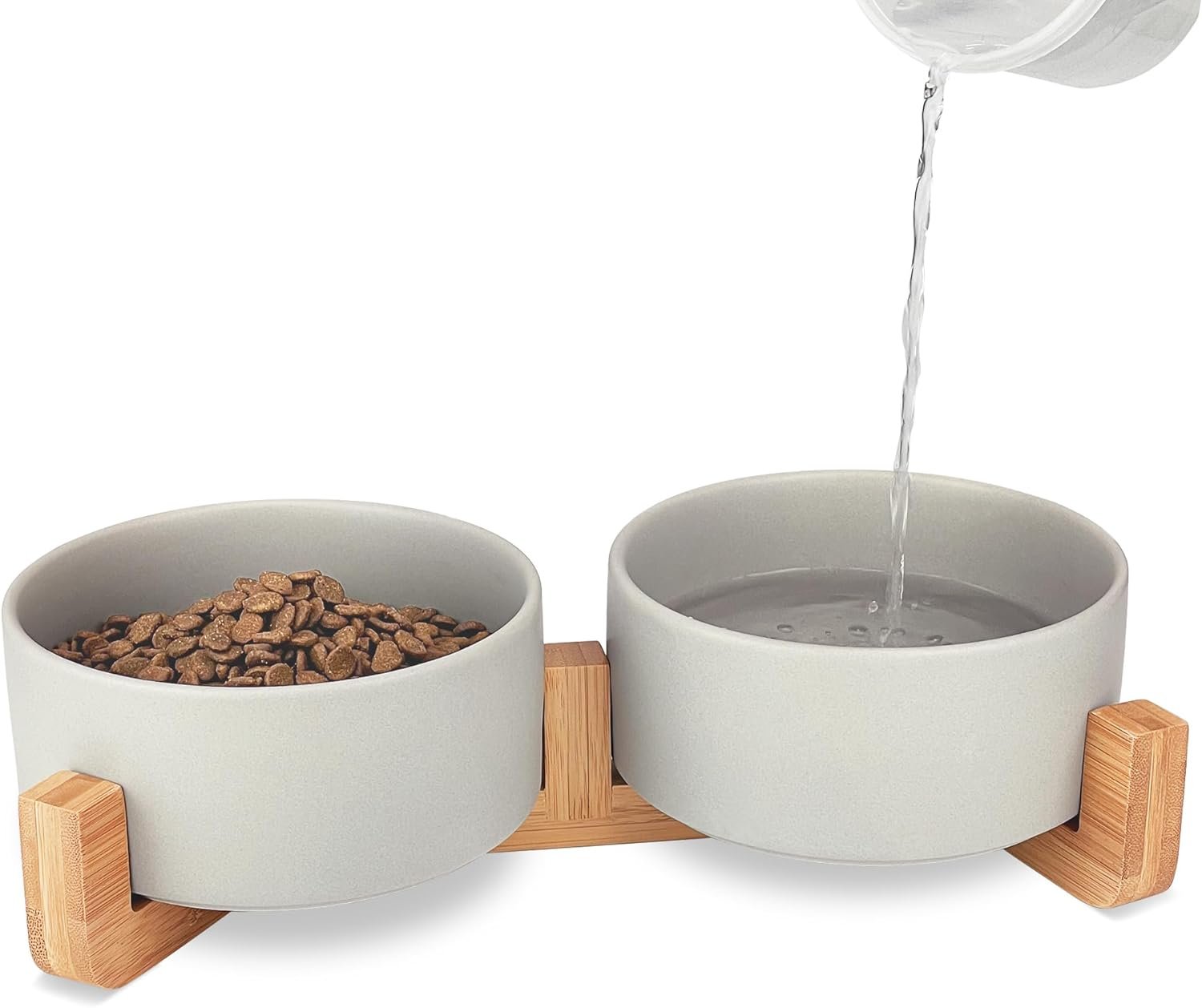 Ceramic Pet Bowls for Dog and Cat, Raised Dog Food and Water Bowl Set with Anti-Slip Wooden Stand, Grey Pets Dish Feeding Bowls Suitable for Small, Medium and Big Cats Dogs, 28 OZ