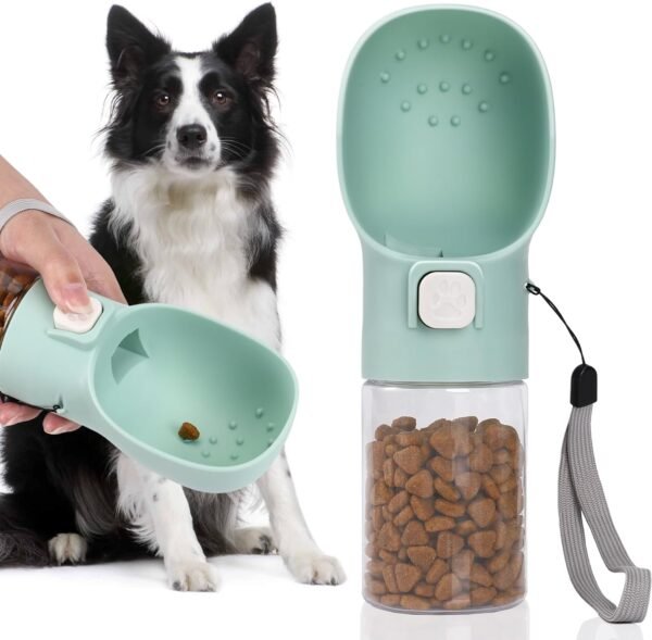 Handheld Dog Food & Treat Dispenser Built-in Clicker & Treat Pouch, Handy Feeder for Puppy Training Walking Hiking Traveling (10 OZ, Green)