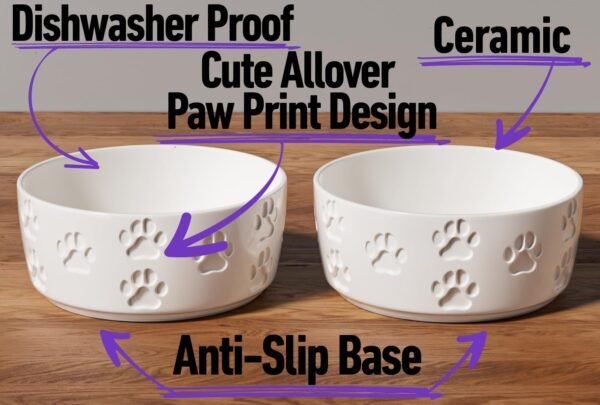 Ceramic Dog Bowl Set with Anti-Slip Rings – 5″ Round x 2″ Tall Set of 2 Ceramic Dog Bowls for Small Dogs – Small Dog Bowls – Dog Food and Water Bowl – White Dog Food Bowls – Dog Bowls Small Size Dog