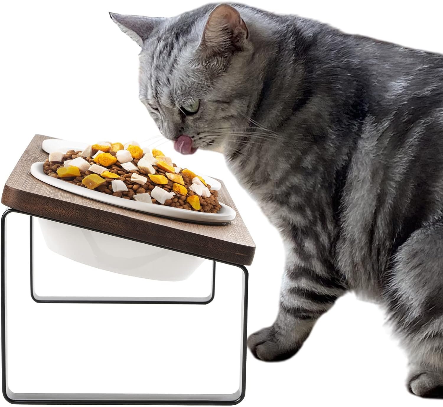 Ceramic Elevated Cat Bowls, Raised Puppy Dishes for Food and Water, Tilted Bamboo Stand for Anti Vomiting, Indoor 5.5 inch Wide Double Dish Orthopedic Anti-Vomiting (Brown)