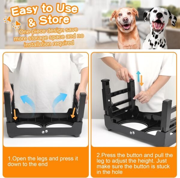 71vbok9AmML._AC_SL1500 Elevated Dog Bowls, 4 Height Adjustable Raised Dog Bowl Stand with 2 Thick 50oz Stainless Steel Dog Food Bowls Non-Slip Dog Feeder for Large Medium Dogs Adjusts to 3.7″, 9.2″, 10.75″, 12.36″ Black