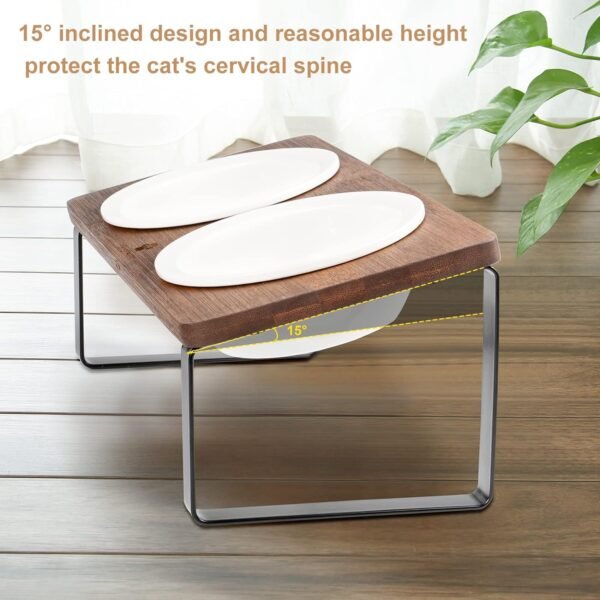Ceramic Elevated Cat Bowls, Raised Puppy Dishes for Food and Water, Tilted Bamboo Stand for Anti Vomiting, Indoor 5.5 inch Wide Double Dish Orthopedic Anti-Vomiting (Brown)