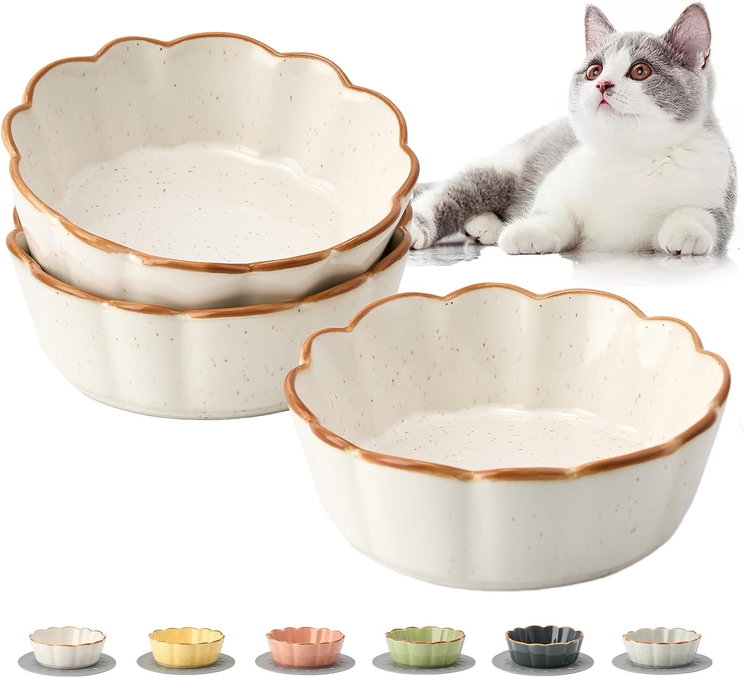 Cat Bowls – 3 Pieces Cat Food Bowl Cat Dishes with Silicone Non-Slip Mats, 5 Inches Cat Bowls for Indoor Cats, Ceramic Cat Food and Water Bowl Set Gift for Pet Lovers – White
