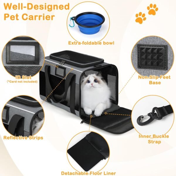 Cat Carrier, Cat Carrier Soft with Foldable Bowl, Pet Carrier Cat Carrier Hard Fits 15 lbs Medium Big Cats and Puppy, Dog Carriers for Small Dogs, Airline Approved Cat Travel Bag Grey