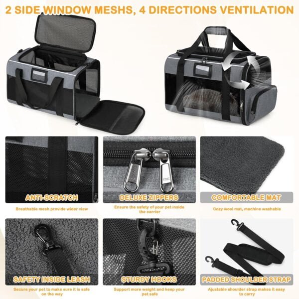 Cat Carrier, Cat Carrier Soft with Foldable Bowl, Pet Carrier Cat Carrier Hard Fits 15 lbs Medium Big Cats and Puppy, Dog Carriers for Small Dogs, Airline Approved Cat Travel Bag Grey