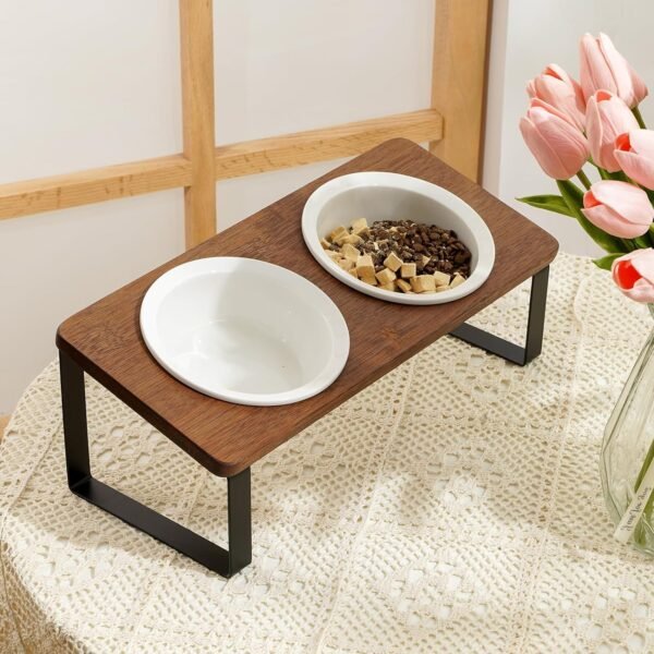 Ceramic Elevated Cat Bowls, Raised Puppy Dishes for Food and Water, Tilted Bamboo Stand for Anti Vomiting, Indoor 5.5 inch Wide Double Dish Orthopedic Anti-Vomiting (Brown)