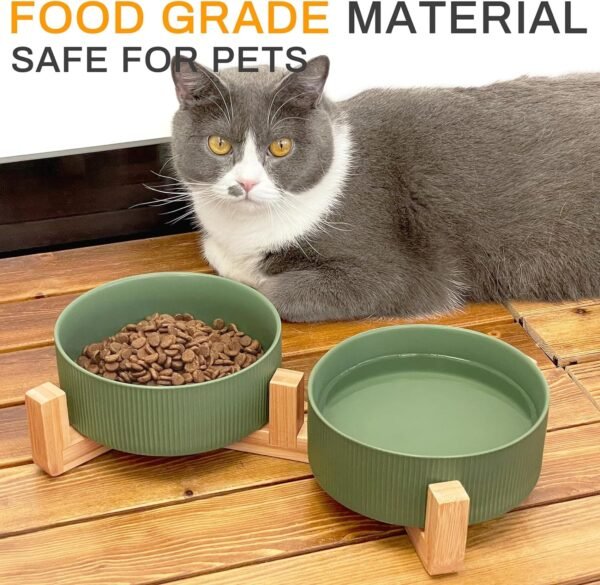 Ceramic Pet Bowls for Dog and Cat, No Spill Dog Food and Water Bowl Set with Anti-Slip Wooden Stand, Riased Puppy Feeding Dishes Suitable for Small, Medium and Large Cats Dogs, Green 28 OZ