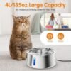 Cat Water Fountain Stainless Steel, 4L/135oz Dog Water Bowl Dispenser, Ultra-Quiet Large Automatic Pet Water Fountains for Cats and Dog Indoor Drinking with Water Level Window