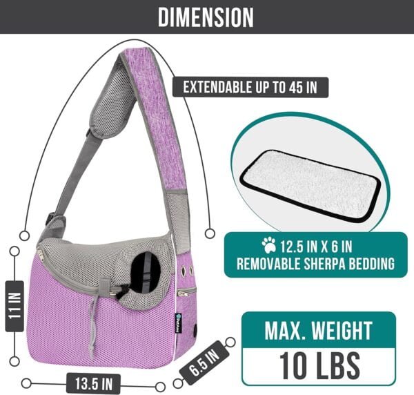 Small Dog Sling Carrier, Soft-Sided Crossbody Puppy Carrying Purse Bag, Adjustable Sling Pet Pouch to Wear Medium Dog Cat Travel, Dog Bag for Traveling, Breathable, Poop Bag Dispenser, Purple
