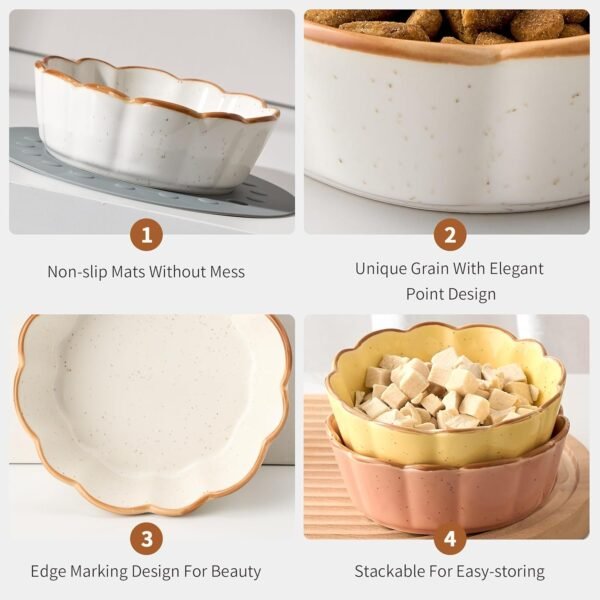 Cat Bowls – 3 Pieces Cat Food Bowl Cat Dishes with Silicone Non-Slip Mats, 5 Inches Cat Bowls for Indoor Cats, Ceramic Cat Food and Water Bowl Set Gift for Pet Lovers – White