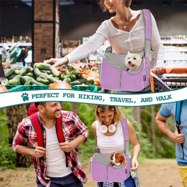 Small Dog Sling Carrier, Soft-Sided Crossbody Puppy Carrying Purse Bag, Adjustable Sling Pet Pouch to Wear Medium Dog Cat Travel, Dog Bag for Traveling, Breathable, Poop Bag Dispenser, Purple