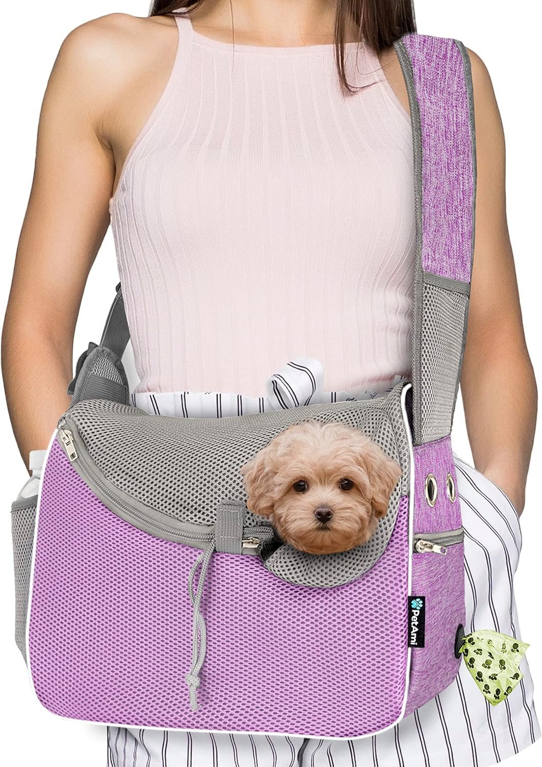 Small Dog Sling Carrier, Soft-Sided Crossbody Puppy Carrying Purse Bag, Adjustable Sling Pet Pouch to Wear Medium Dog Cat Travel, Dog Bag for Traveling, Breathable, Poop Bag Dispenser, Purple
