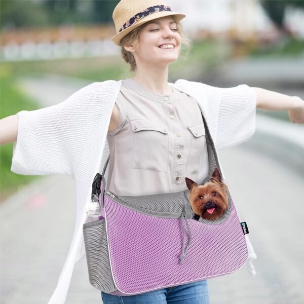 Small Dog Sling Carrier, Soft-Sided Crossbody Puppy Carrying Purse Bag, Adjustable Sling Pet Pouch to Wear Medium Dog Cat Travel, Dog Bag for Traveling, Breathable, Poop Bag Dispenser, Purple